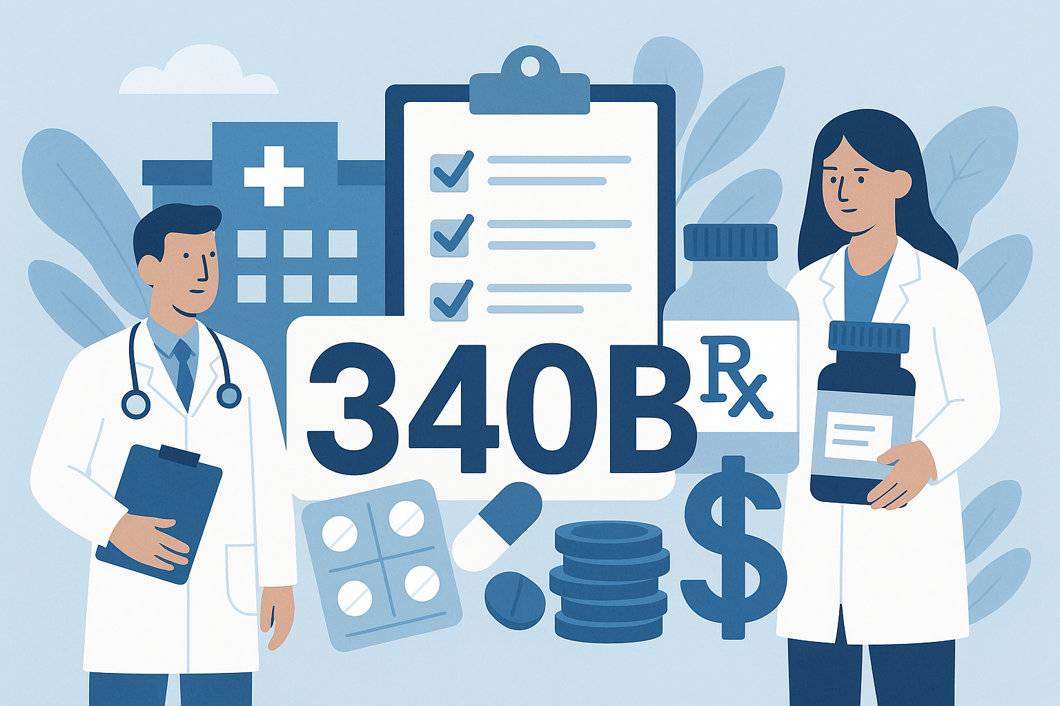 Illustration of healthcare professionals discussing the 340B Rebate Model, featuring a doctor with a clipboard and a pharmacist holding prescription bottles, with financial elements like coins and a dollar sign, emphasizing cash flow planning in healthcare.
